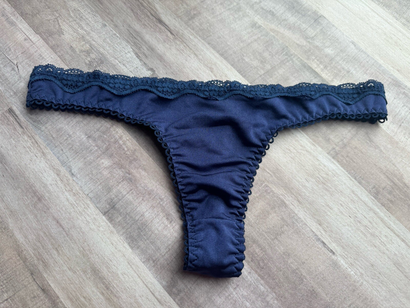 Dark Navy Blue Sexy Silky Satin Thong Panties Lace Trim Sz Med