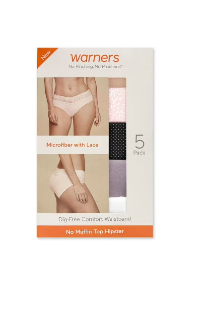 Warners Women’s 5-Pack No Pinching,No Problems Lace Waistband Hipster-Asst sizes