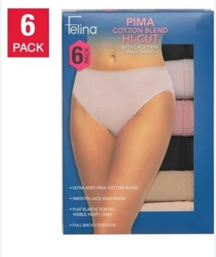 Felina Pima Cotton Blend Hi-cut with Lace Trim Waistband 6 Pack medium