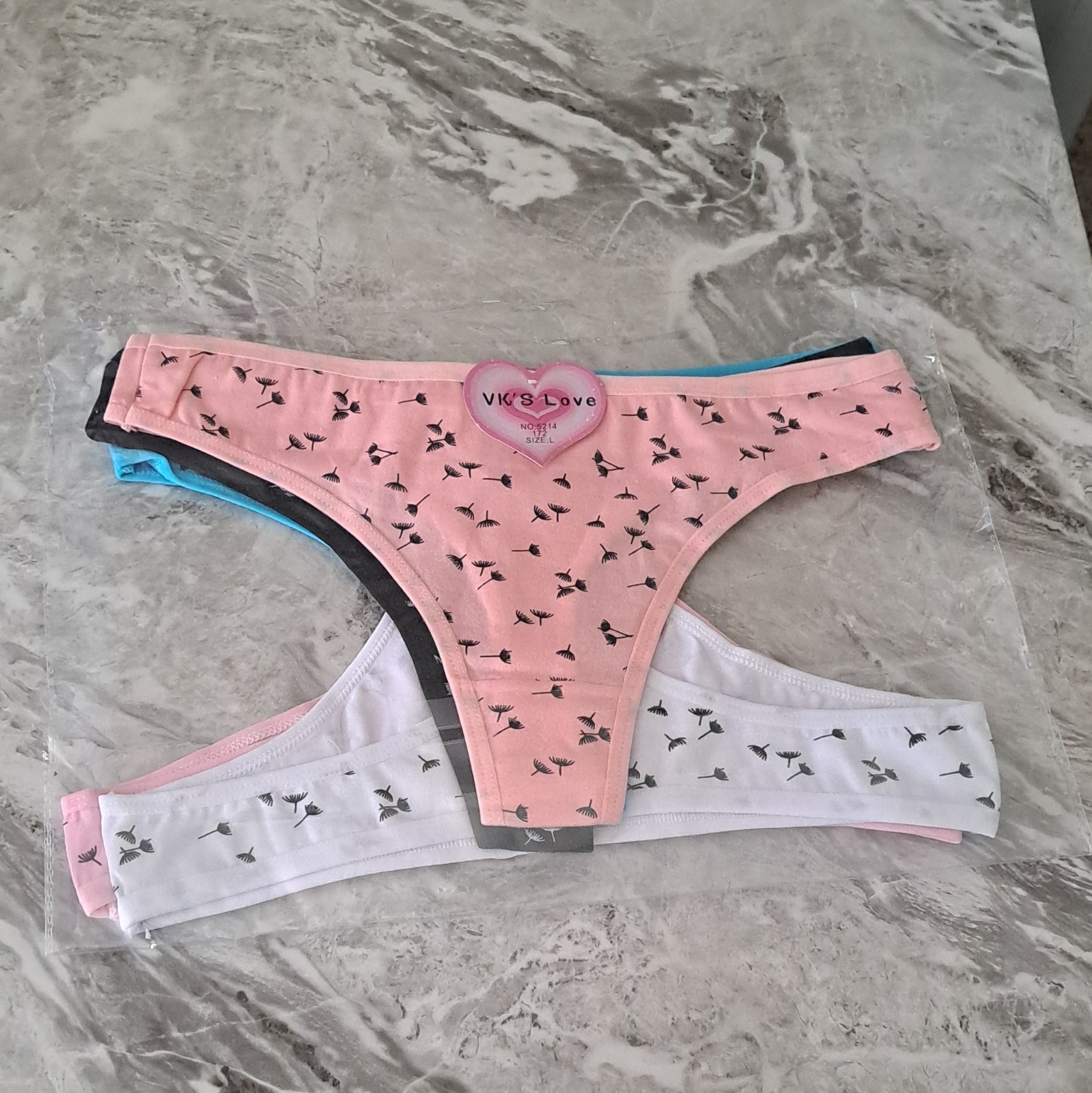 VK’s Love Women’s Thong/String Panties 4 Pack Pink/White/Blue/Black Size L