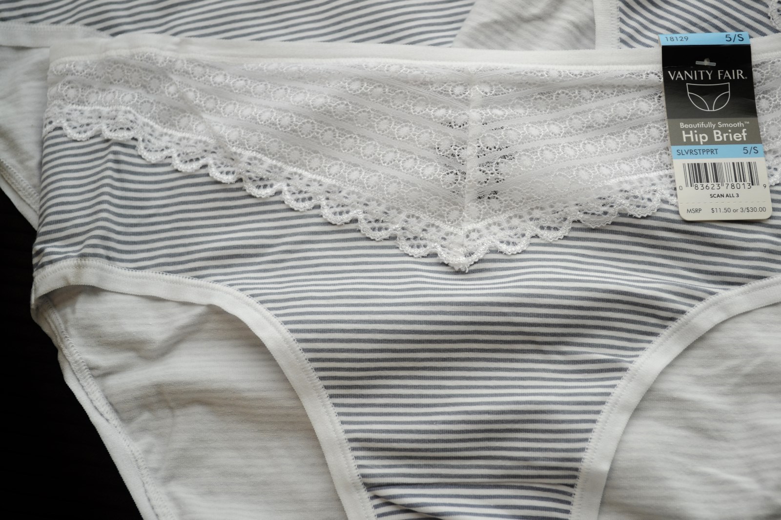 Set of 3 Vanity Fair 18129 Lace Trim Strip print Hip Brief cotton spandex Panty