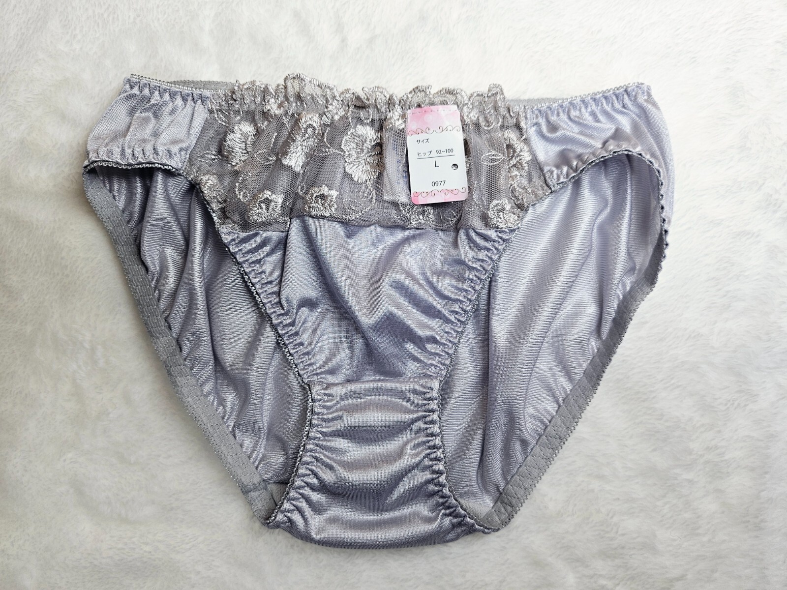 US Size S/M Japanese Nylon Panties Shiny Smooth Tricot Floral Lace Gray