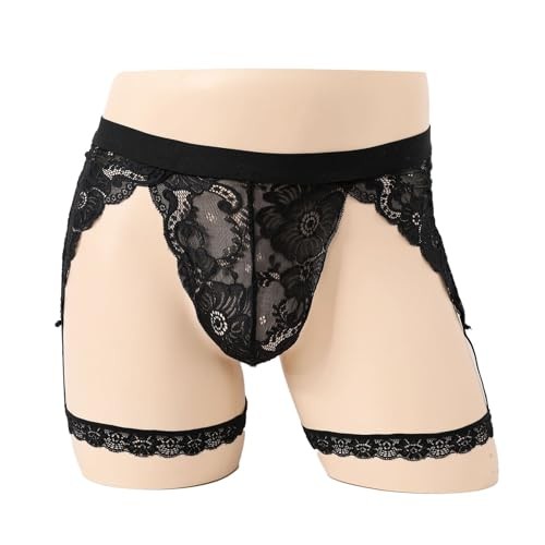 Mens Sissy Thongs Underwear Sexy Lace Panties Boxer Briefs Sheer Medium Black