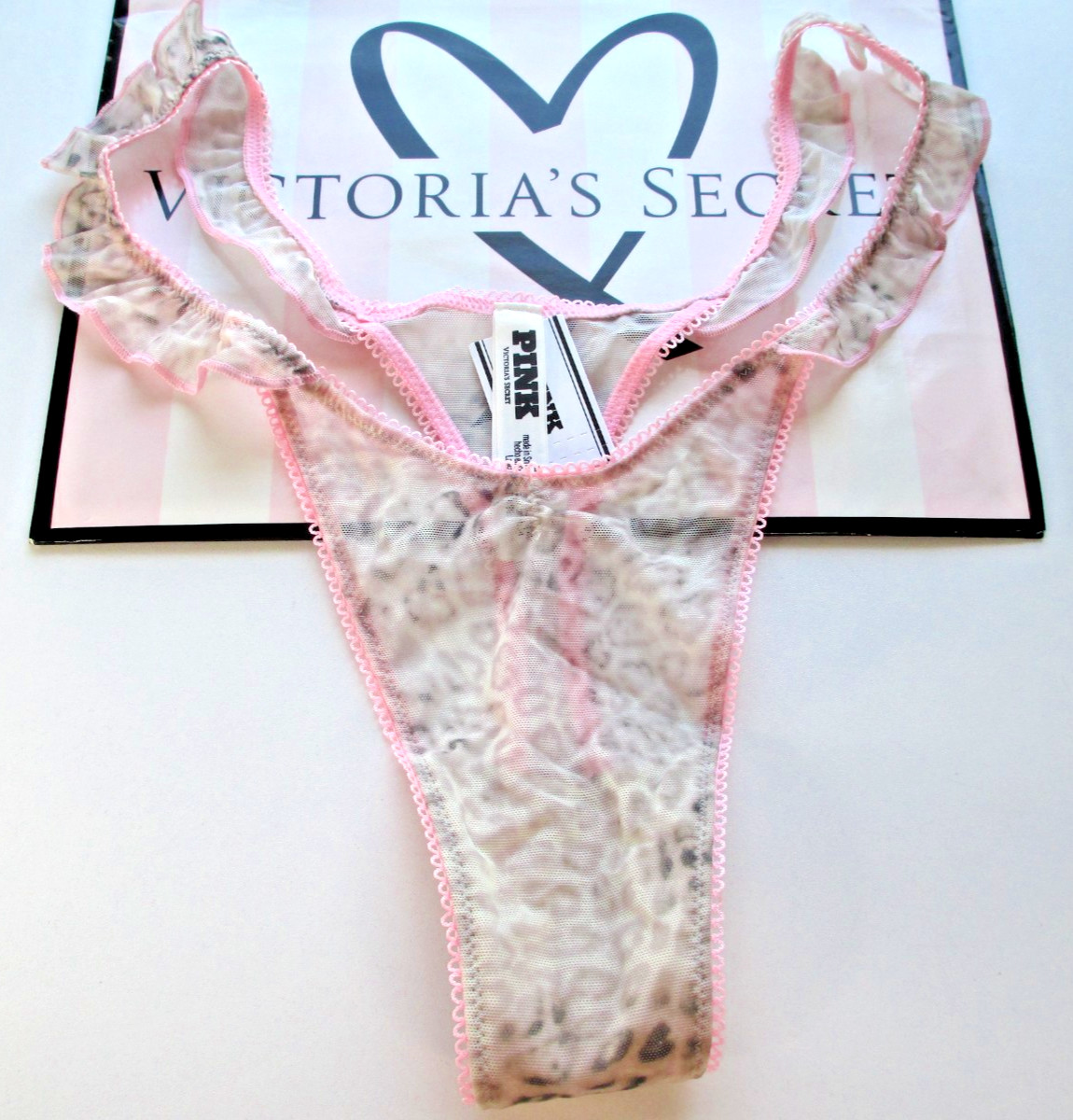 VICTORIA’S SECRET PINK High Leg Thong Panty S M L XL Leopard NWT Flutter Ruffle