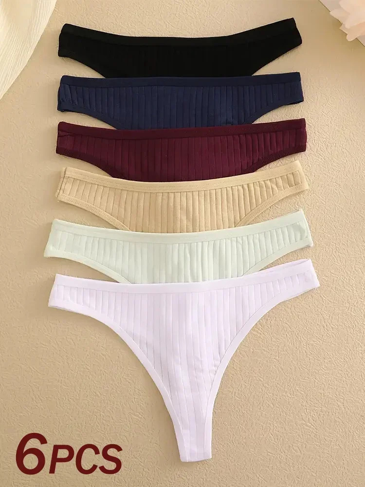 Low Rise Cotton Thong Panties Ribbed Stretch Breathable Soft Comfortable 6PCS
