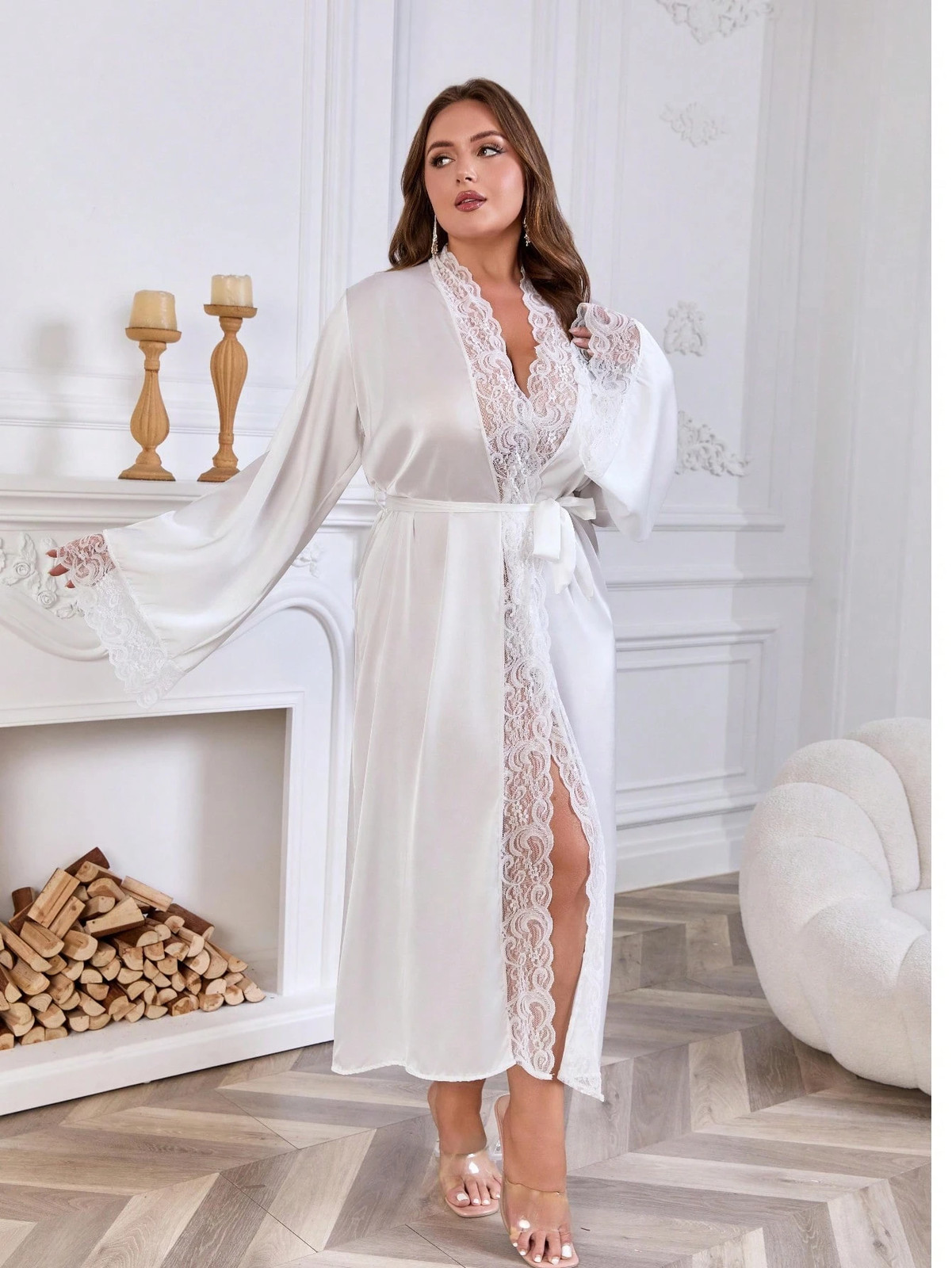 Elegant satin robe for women in large sizes with delicate lace trim cheap24