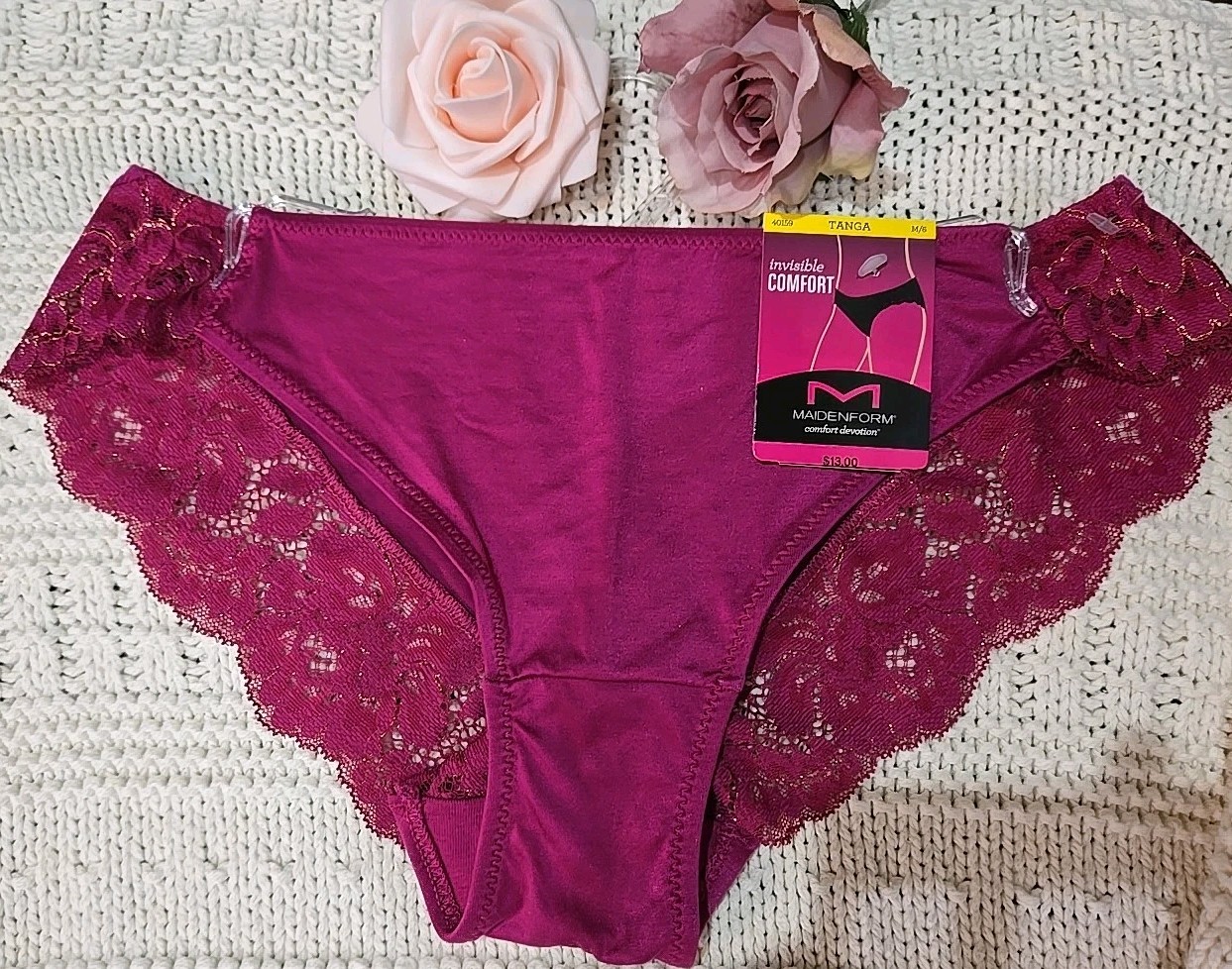 MAIDENFORM Valentine Fuschia Red Bling SeXy Shiny LACE TANGA PANTY 6/M 40159 $13