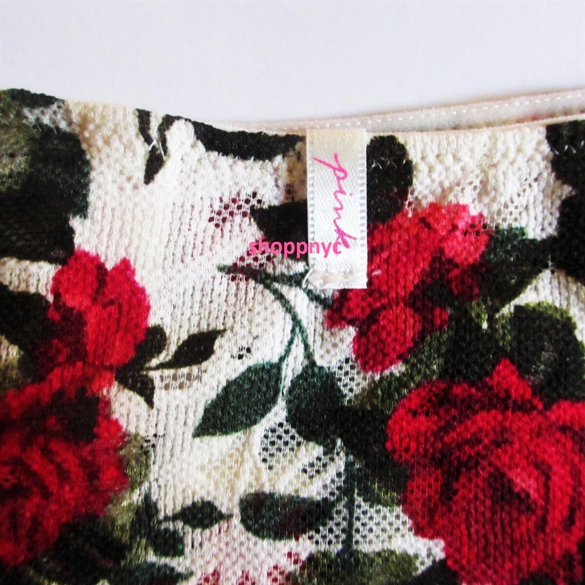 PINK VICTORIA’S SECRET Lace Brazilian Panty Size L White Red Floral Roses