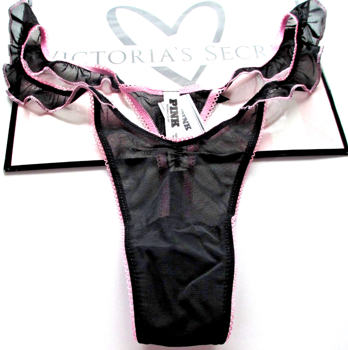VICTORIA’S SECRET PINK High Leg Thong Panty S M L XL Black NWT Ruffle Mesh VS