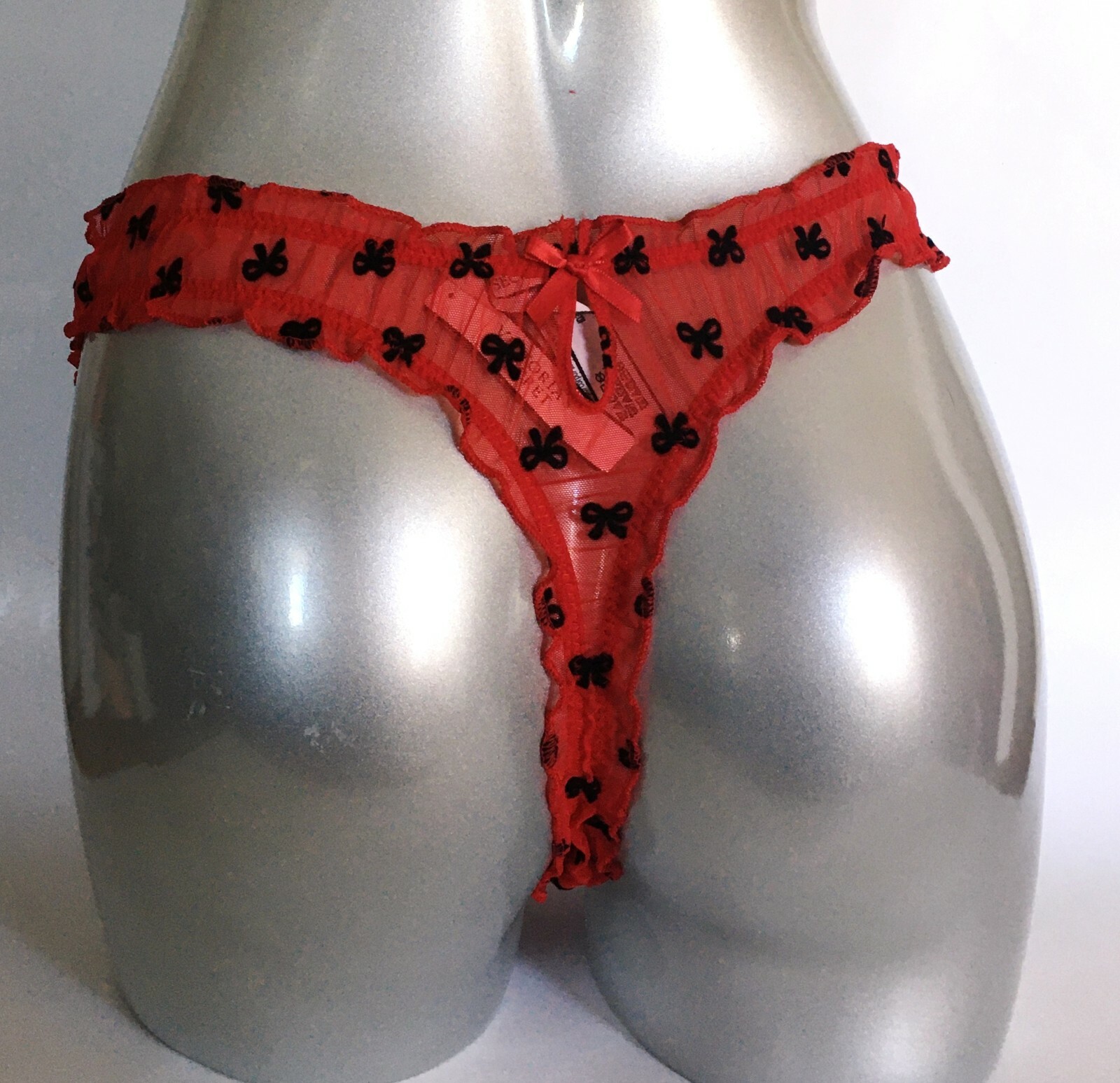 NWT Victorias Secret Dream Angels Ruffle Mesh Thong Panty Red with Black Bows S