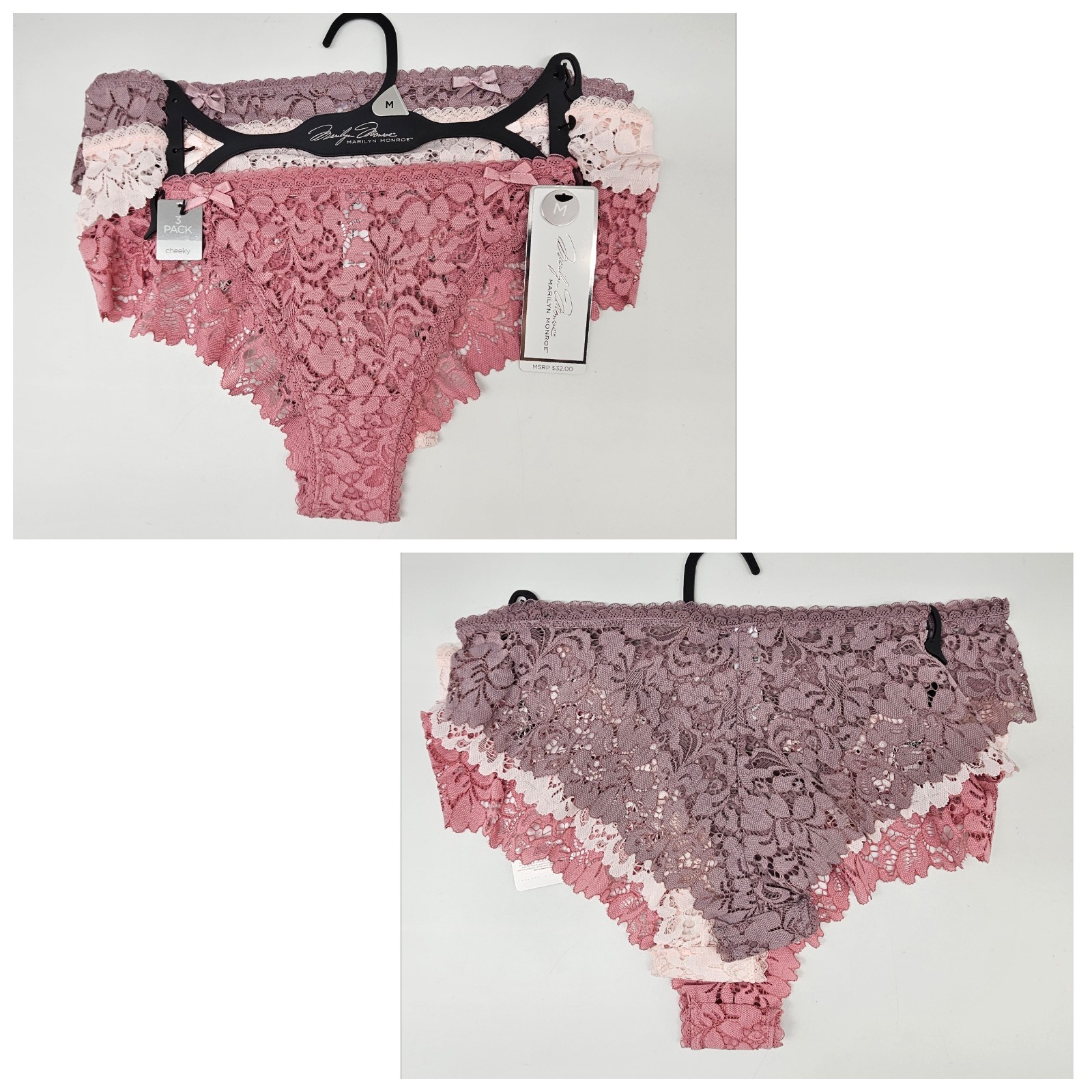 MARILYN MONROE 3 Pack Women’s M L XL Lace Cheeky Nylon Panties Taupe Pink Mauve