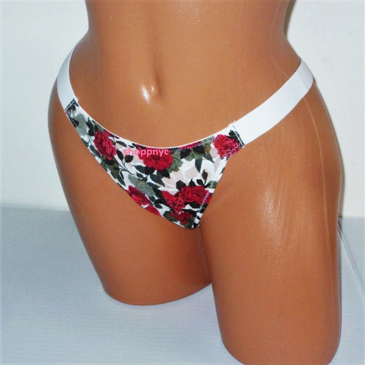 PINK VICTORIA’S SECRET Lace Brazilian Panty Size L White Red Floral Roses