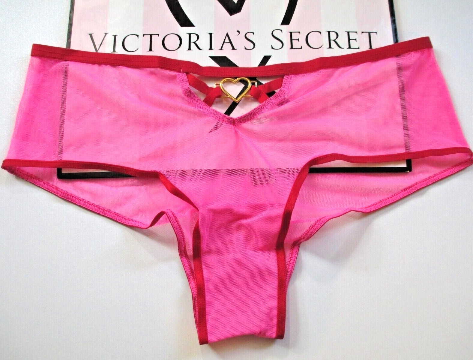 VICTORIA’S SECRET VERY SEXY Cheeky Panty M L Pink Red NWT Hardware Heart VS Mesh