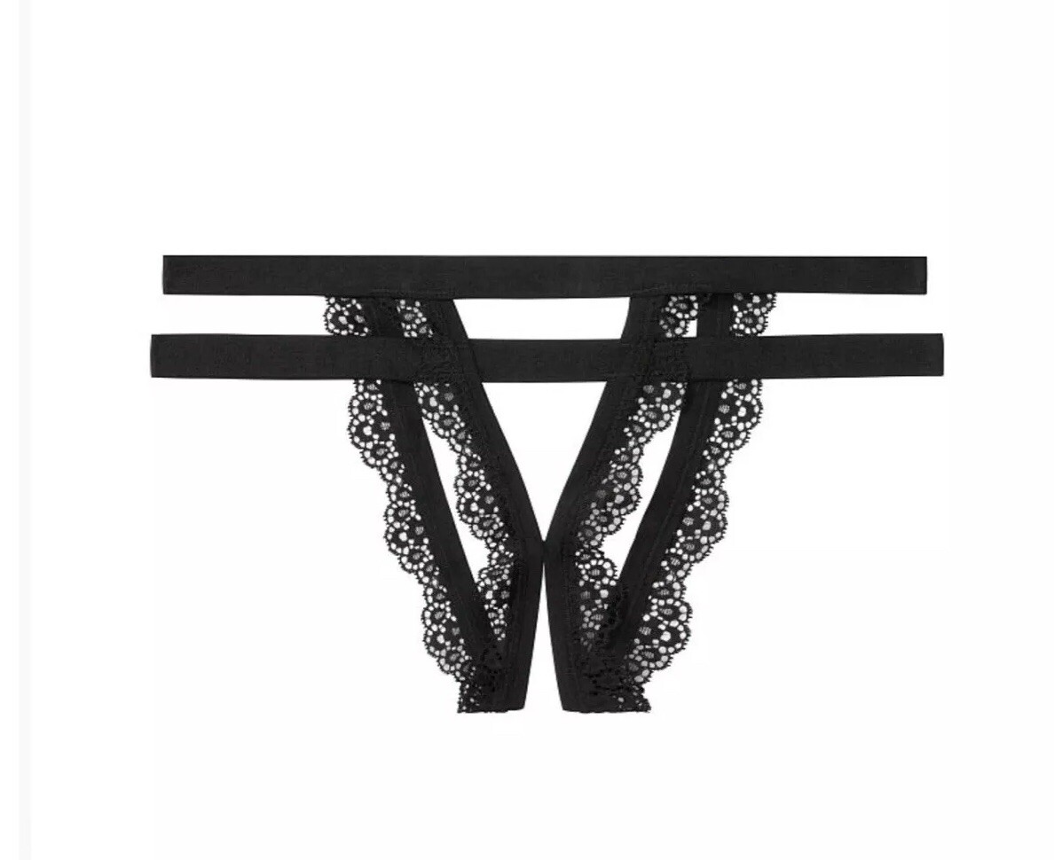 NEW Victoria’s Secret LUXE LINGERIE Open Panty Black Strappy Banded Panty Size M