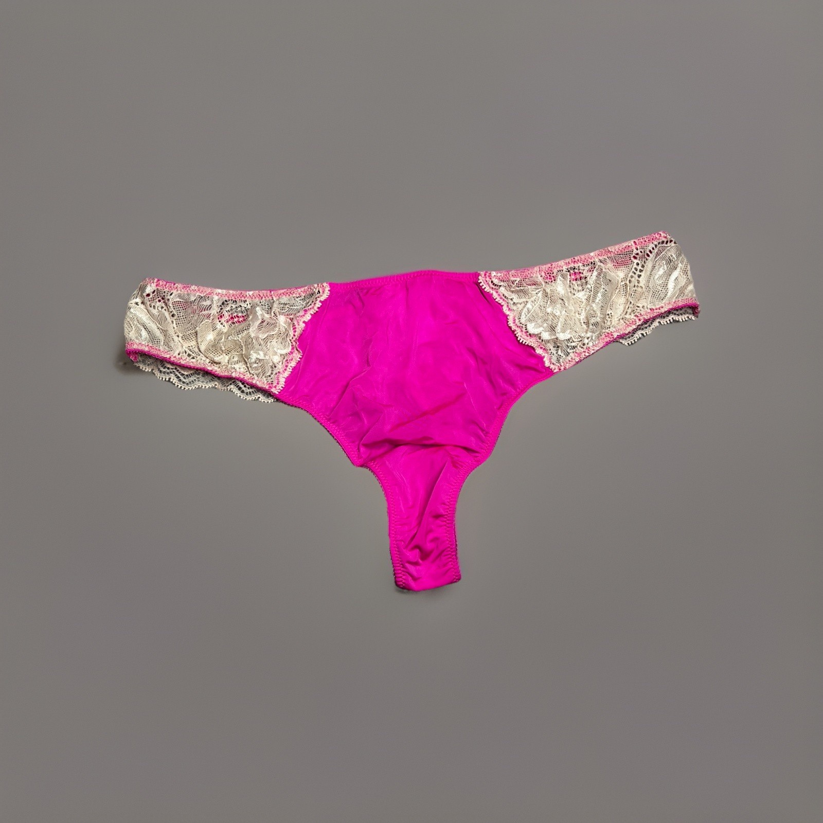 VINTAGE VICTORIA’S SECRET SILKY SMOOTH SATIN THONG PANTY FUCHSIA PINK L NEW