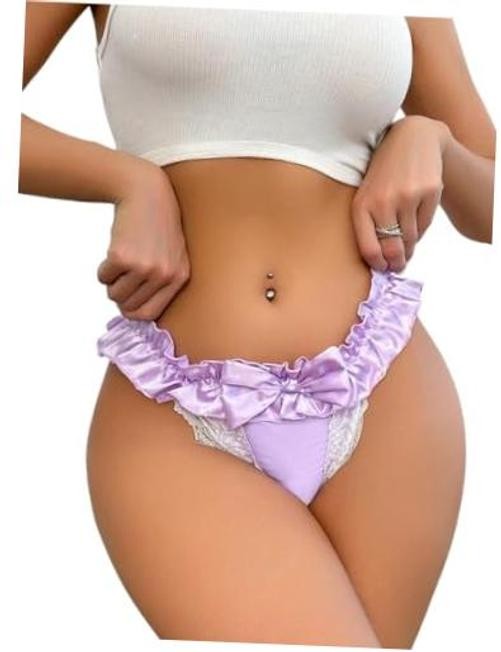 Women’s Satin Bikini Underwear Bow Front Ruffled Mesh Large Mauve Purple