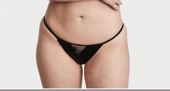 Victorias Secret Silky Black Lace Inset Cheeky Panty Size L Floral Lace Back NWT