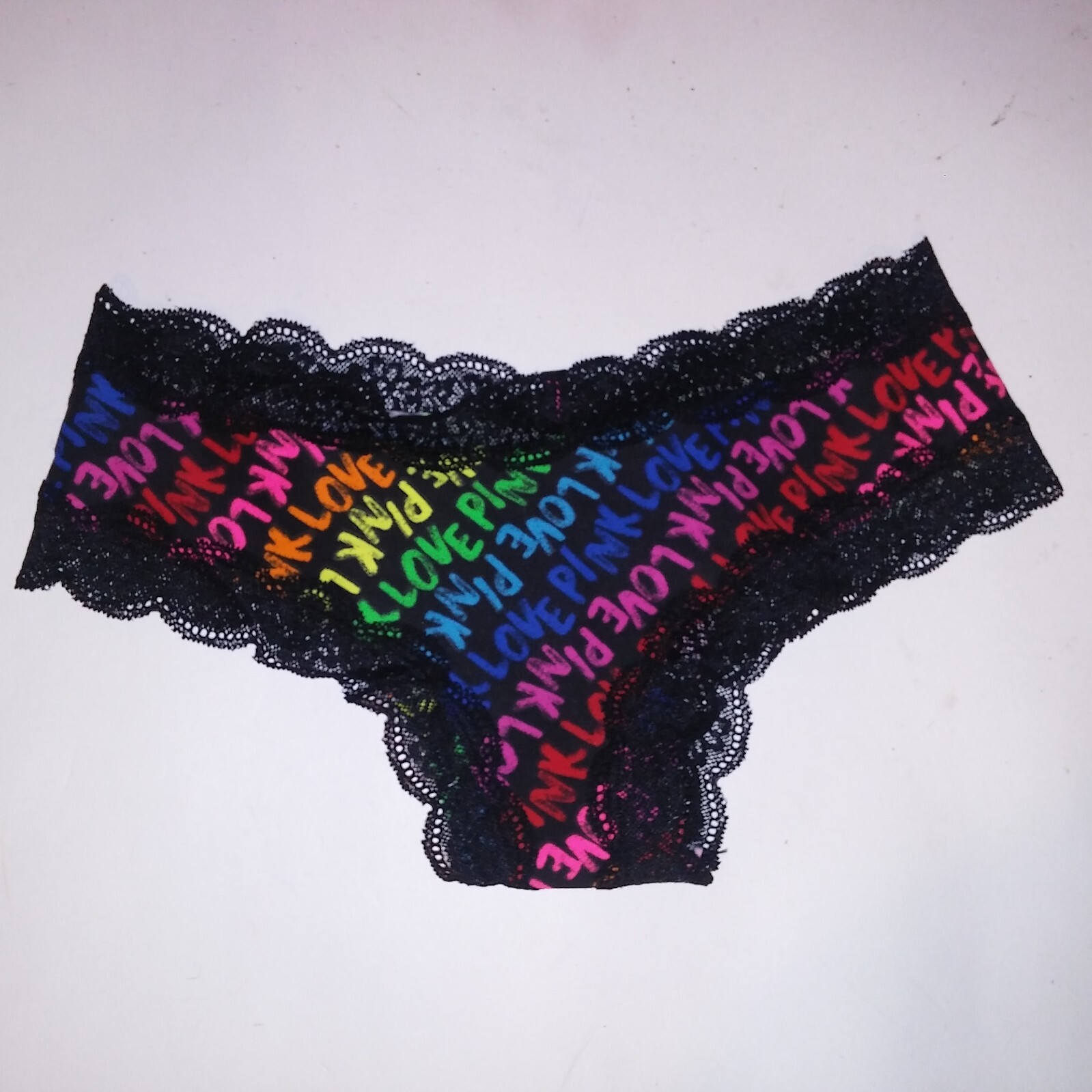 Victoria Secret PINK Panty Cheekster Black Lace Colorful Rainbow Allover Logo