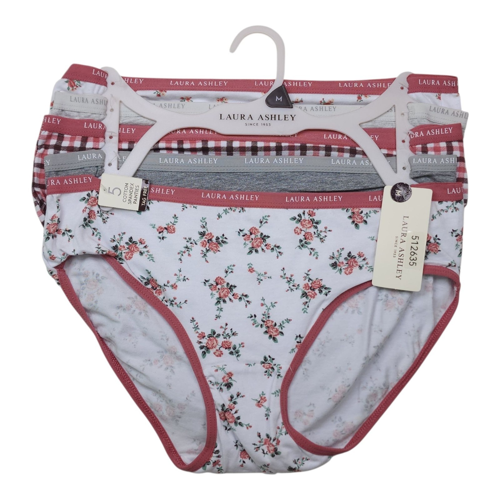 Laura Ashley Womens 5-Pack Mid-Rise Briefs Panties M Cotton/Spandex Floral Plaid