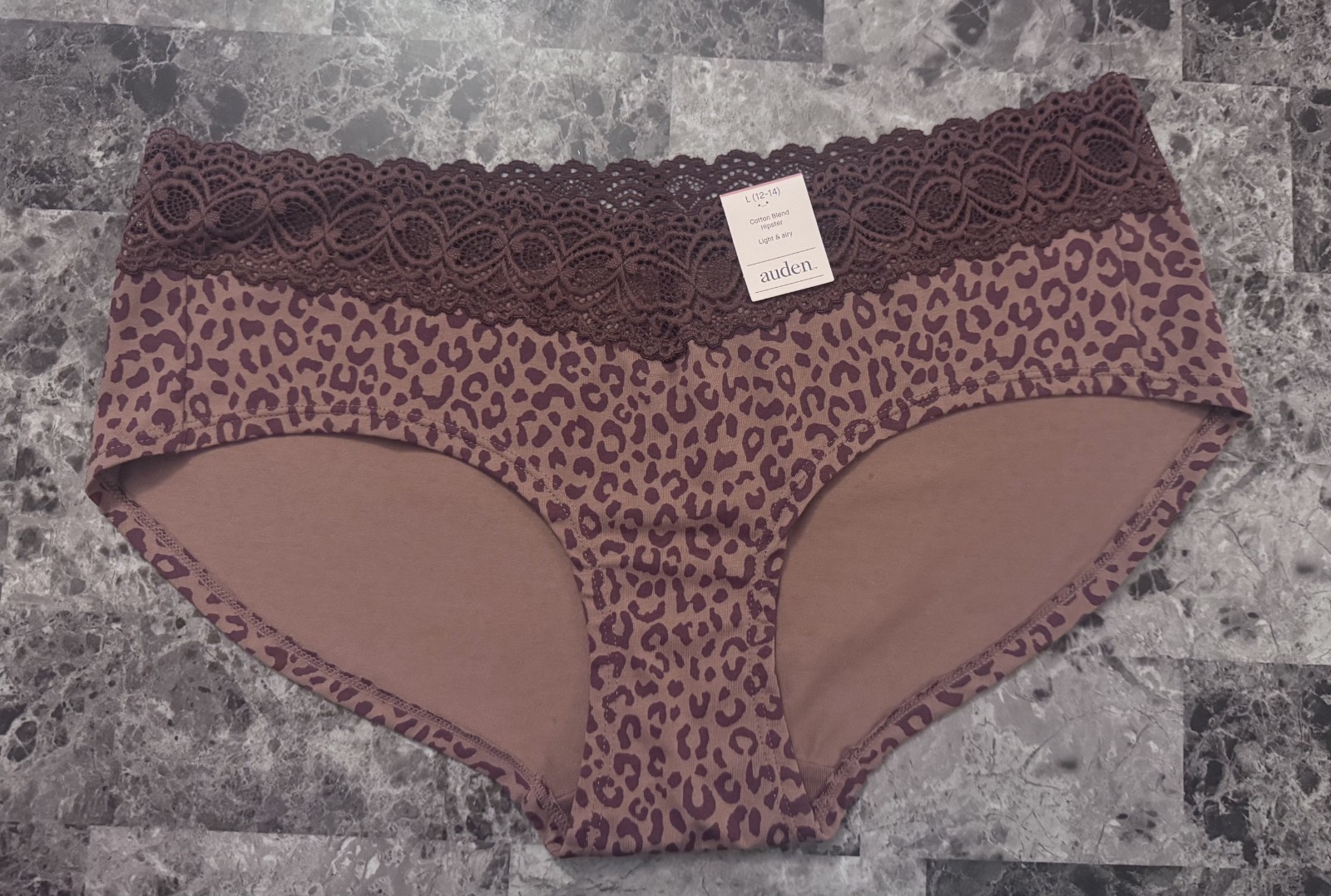 NWT AUDEN L BROWNISH PURPLE TAN LEOPARD CHEETAH LACE WAISTBAND HIPSTER PANTIES