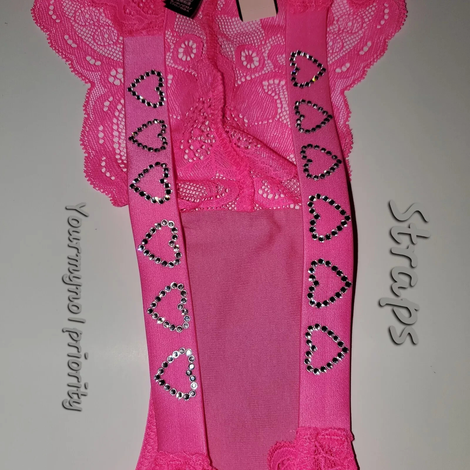 Victoria Secret VERY SEXY Bombshell CRYSTAL HEARTS STRAPS Brazilian Panty LACE