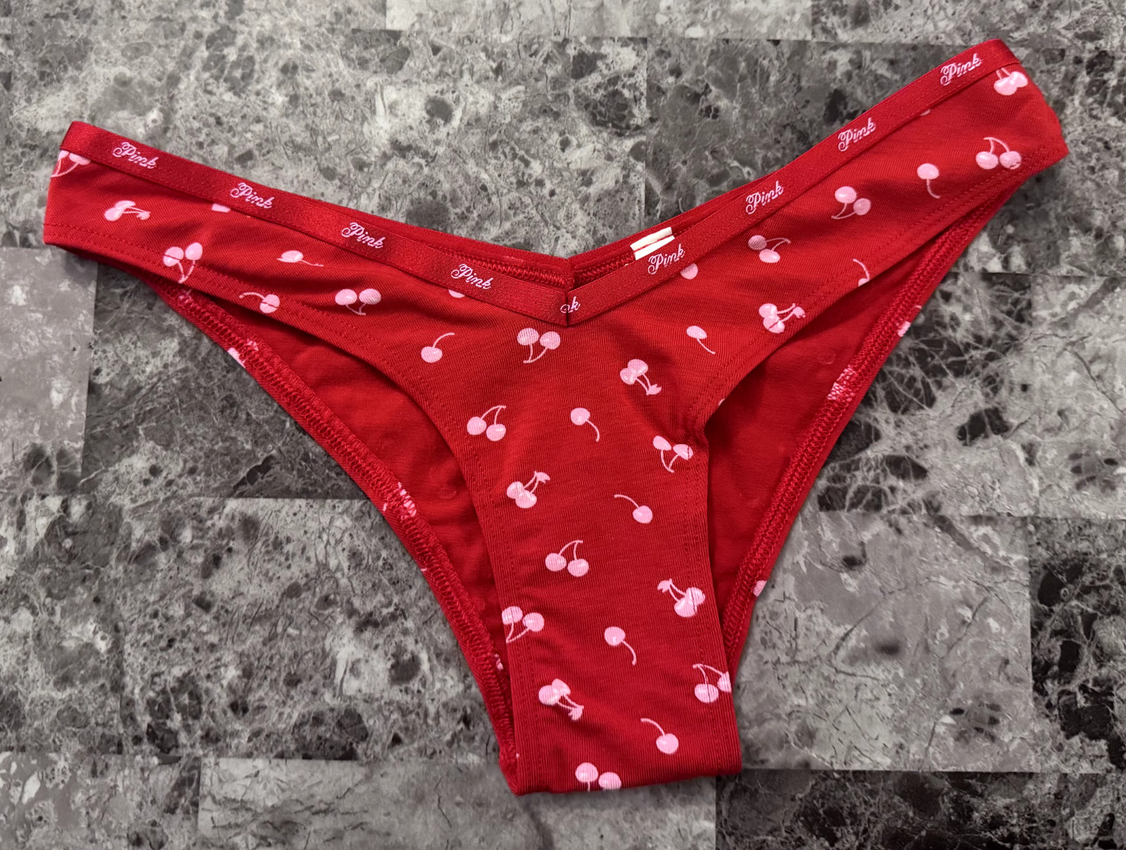NWT VICTORIA’S SECRET PINK CHERRY PRINT LOGO BAND V STYLE TANGA CHEEKY PANTIES