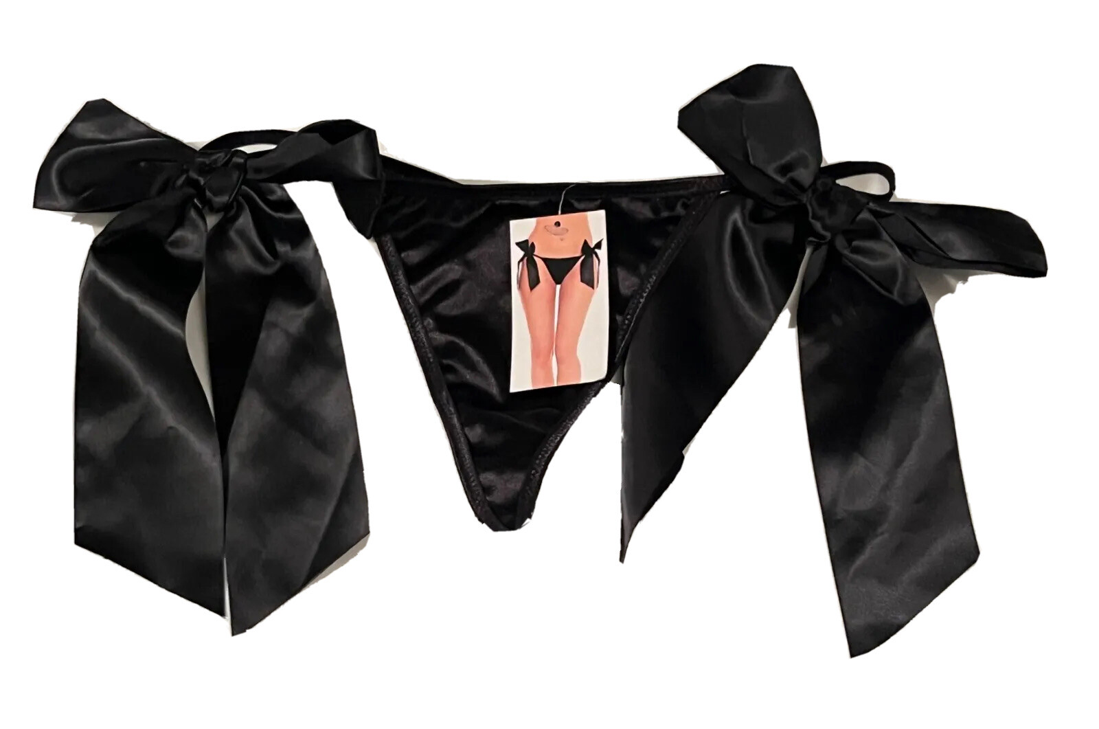 G-String Thong Medium Black Satin Side Bows