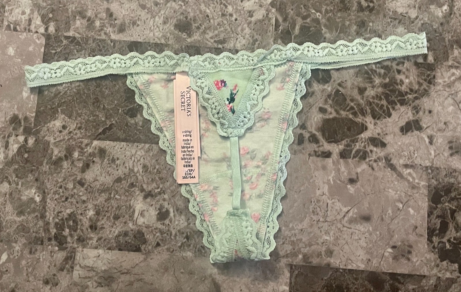 NWT VICTORIA’S SECRET GREEN PINK FLORAL VS LOGO LACE V STRING THONG PANTIES