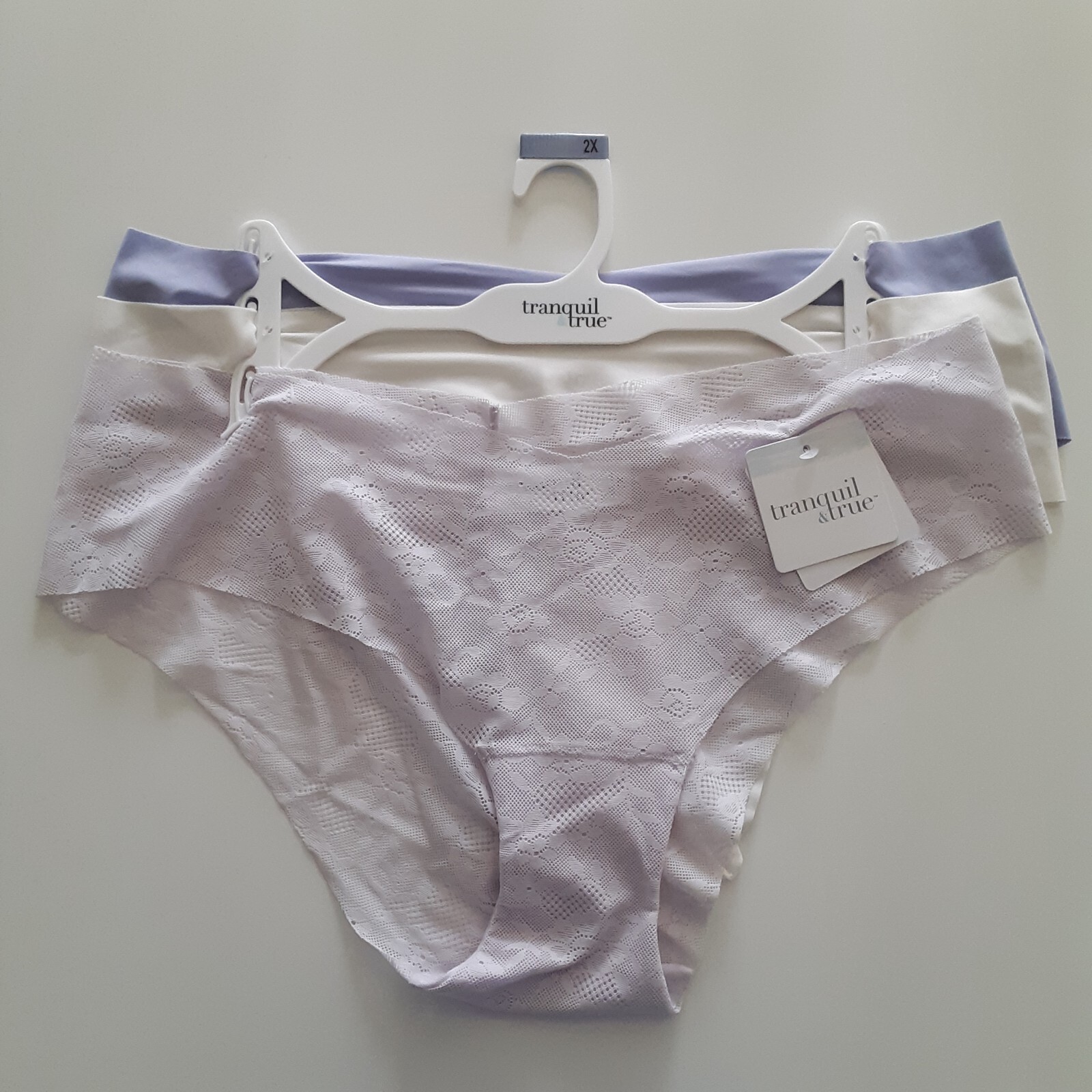 Tranquil & True Womens Size 2X Cheeky Panties Matte Lace Purple Ivory 3 Pack