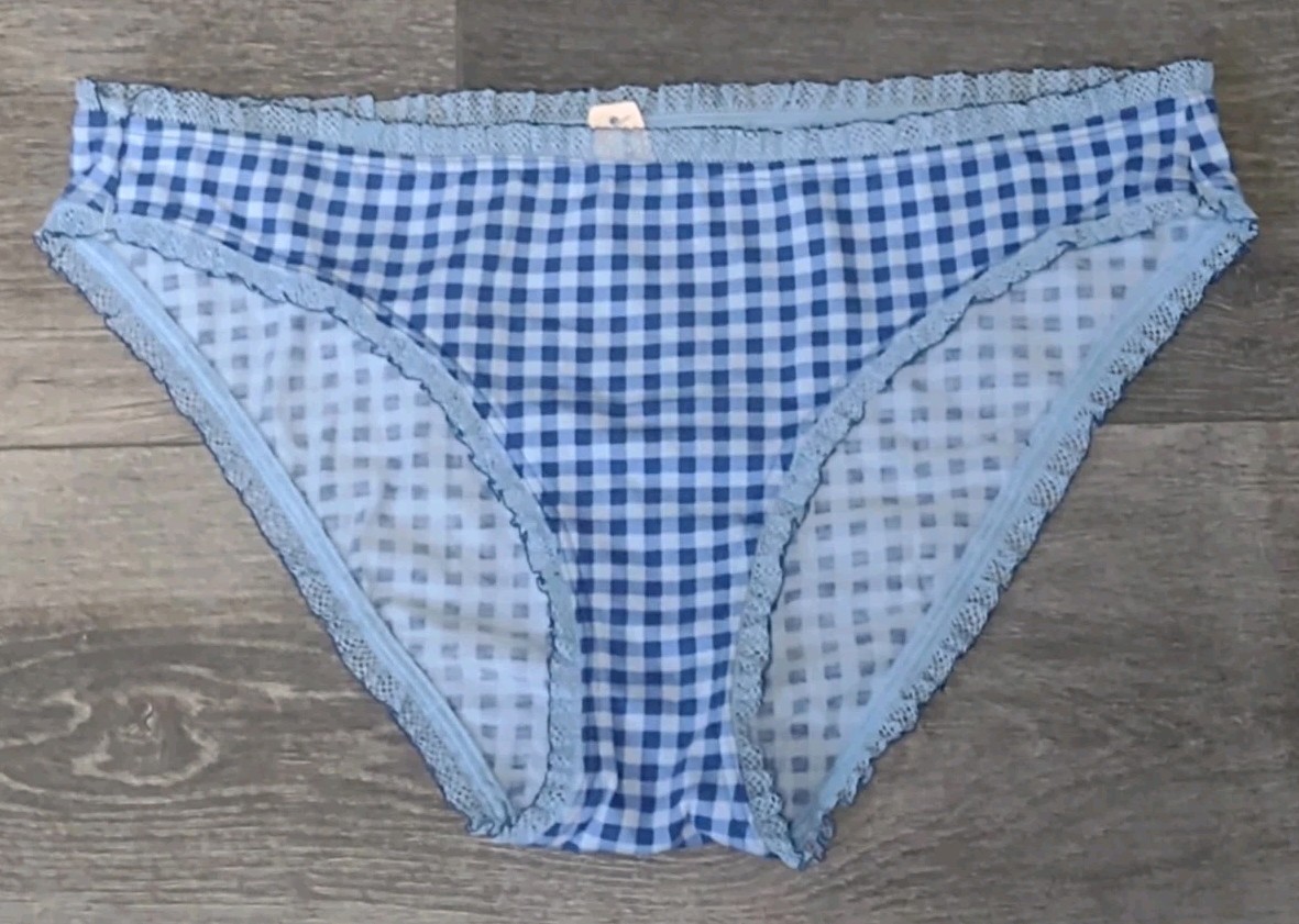 NWT Victoria’s Secret Panty Blue Gingham Ruffle Lace Trim Cotton Rare 2012 Med