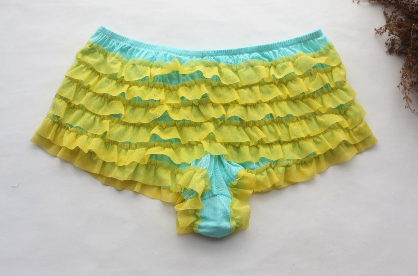 Women Sexy Briefs Solid Ruffle Mesh underwear Hipster knickers Panties Yellow S