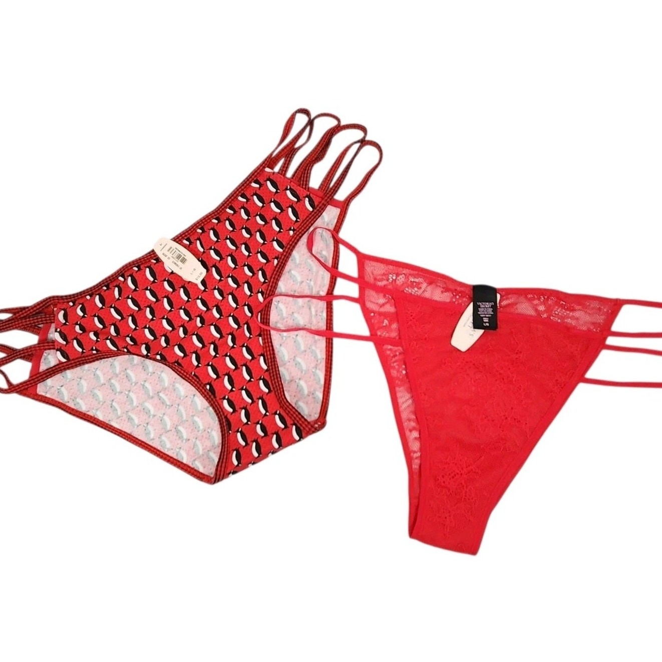 2 NEW VICTORIA’S SECRET VTG PANTIES RED STRAPPY LACE DOG 2000 ANIMAL SEXY SZ LG