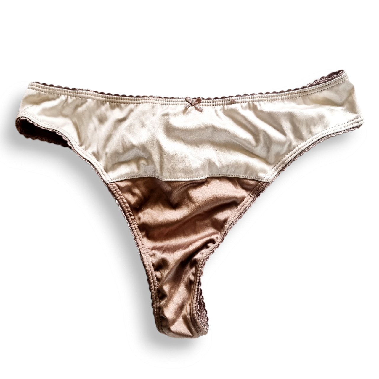 Satin-look metallic bronze/shiny beige + cream g-string underwear Small AU 8-10