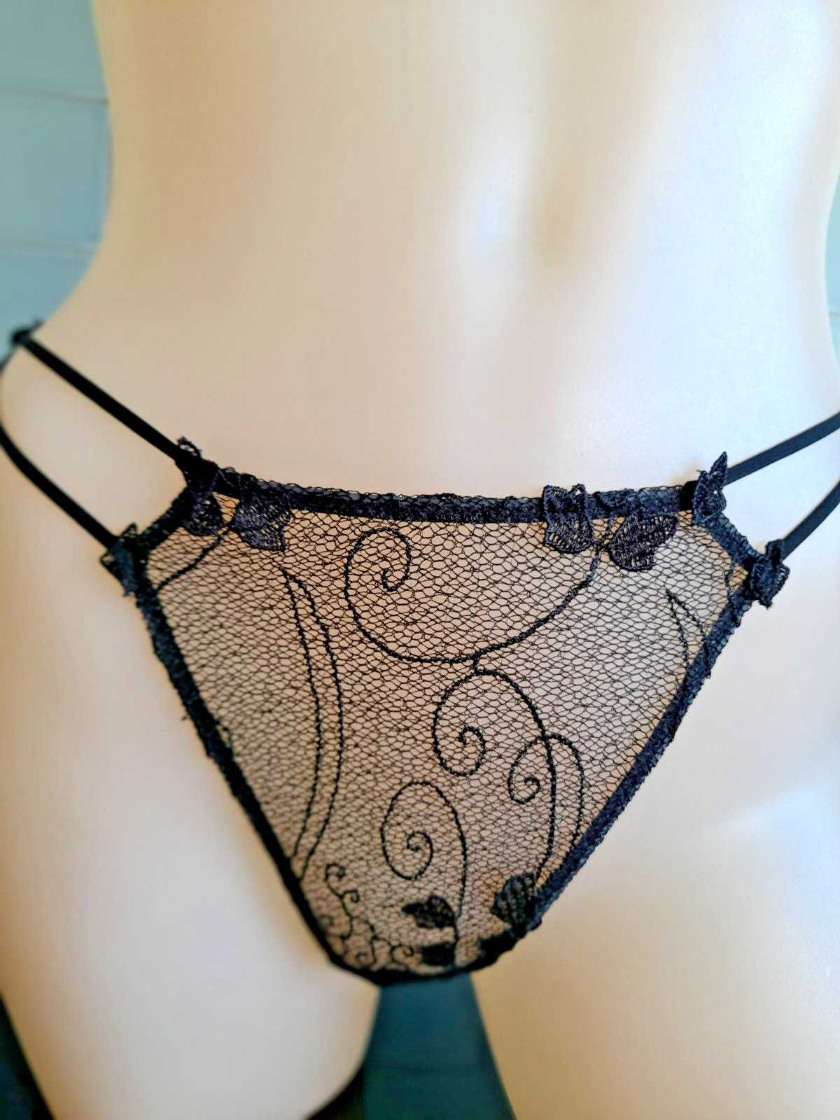 Janet Reger London Sheer Black Mesh SCARLETT String Sided Tanga