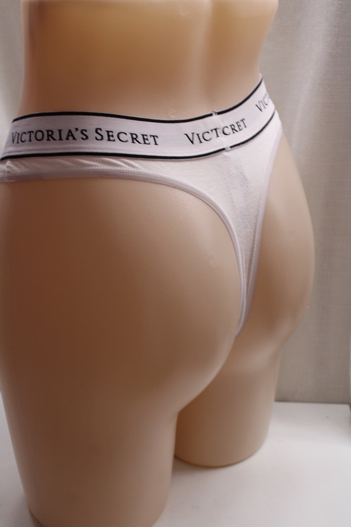 Victoria’s Secret Logo White Cotton Elastane String Thong High Leg Cheeky S/P