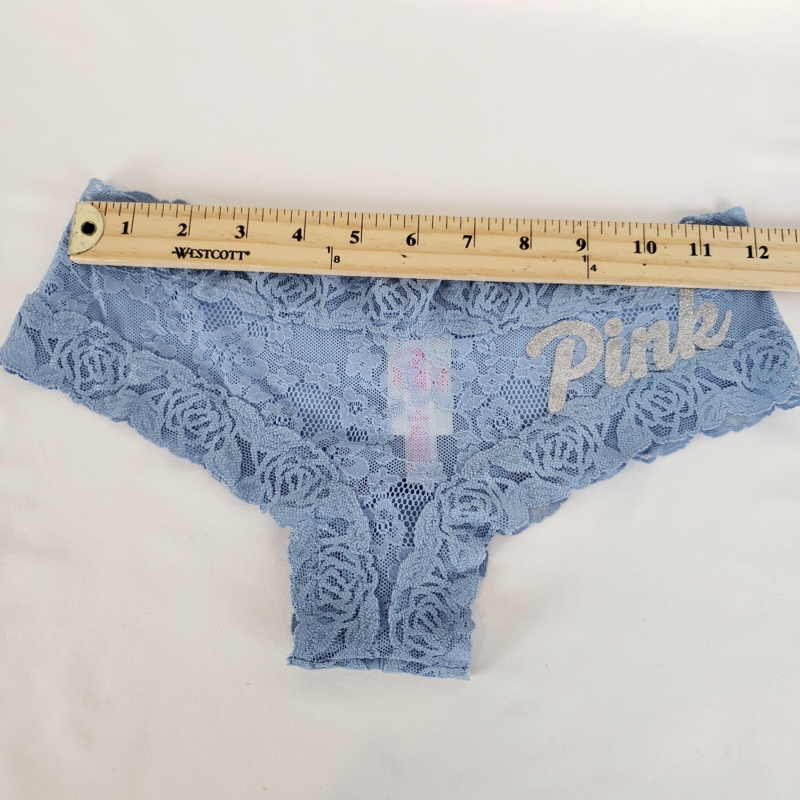 Victorias Secret PINK Cheekster Womens Medium Blue Rose Lace Glitter Logo NWT
