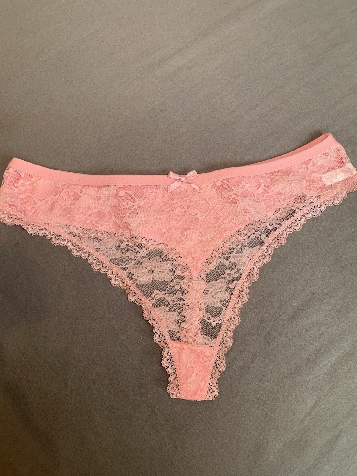 New Pink Lace Floral Thong Panties XL Stretch Bow Accent