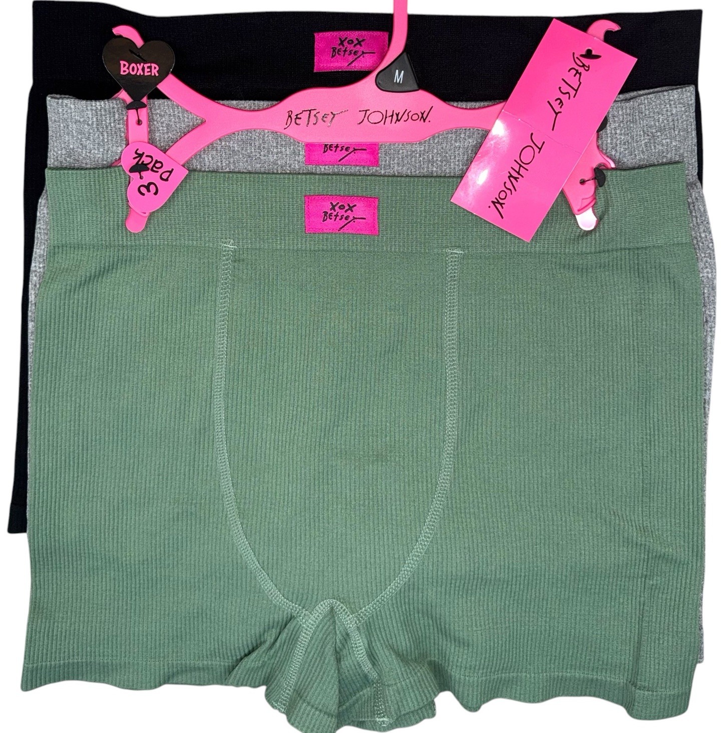 BETSEY JOHNSON Women’s 3-Pair Ribbed Boxer Underwear Panties Nylon Blend Size M