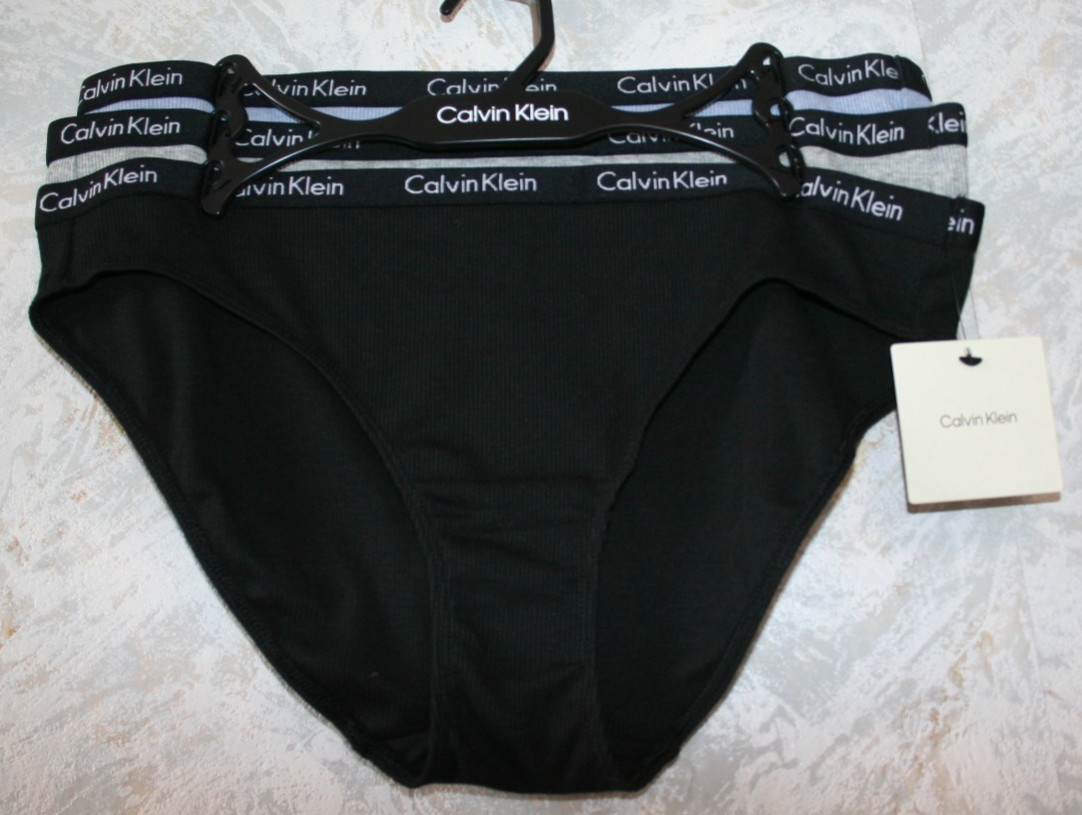 CALVIN KLEIN 3 pack bikini panties Large Black Gray Blue Solid Ribbed Cotton NWT