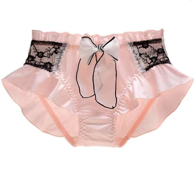 Luxury soft silky feel satin knickers panties black lace bow ruffles UK 12 / L