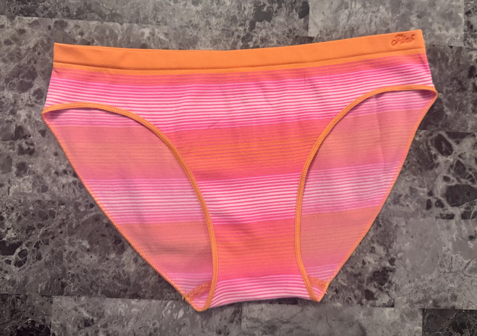 NWT VICTORIA’S SECRET PINK WHITE ORANGE STRIPE SEAMLESS BIKINI PANTIES