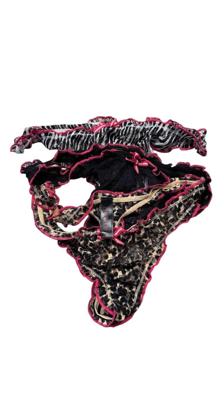 St. Eve Ruffle Edge Thong 3pk Black, Zebra, Leopard Print. M