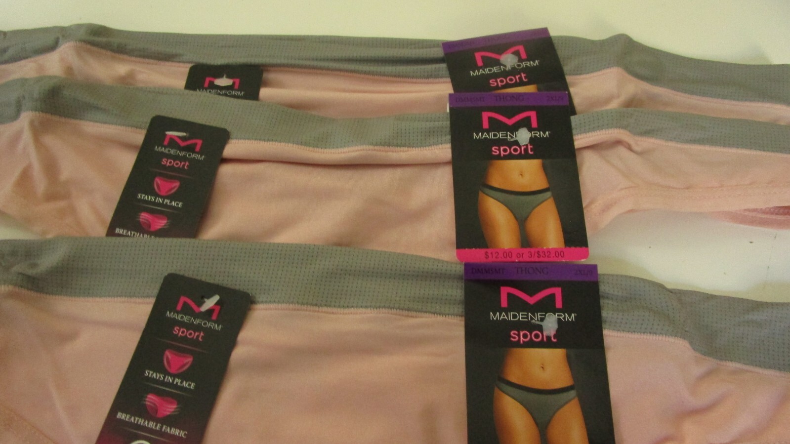 3 Maidenform Sport Thongs Size 9 Pink with Gray waist band Style DMMSMT