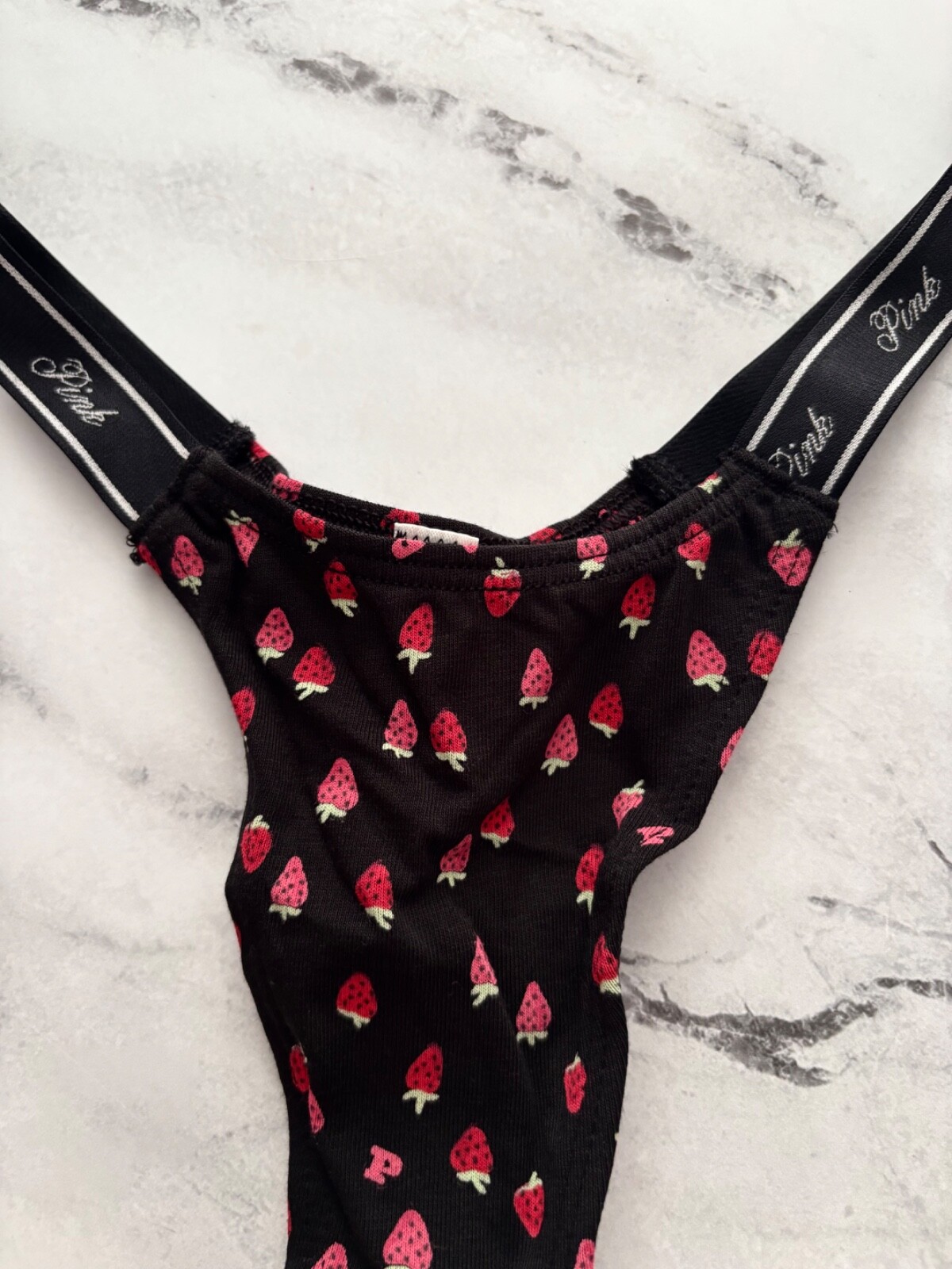 PINK Victoria’s Secret Thong Panty Black Strawberry Logo Extra Low Rise S M L XL