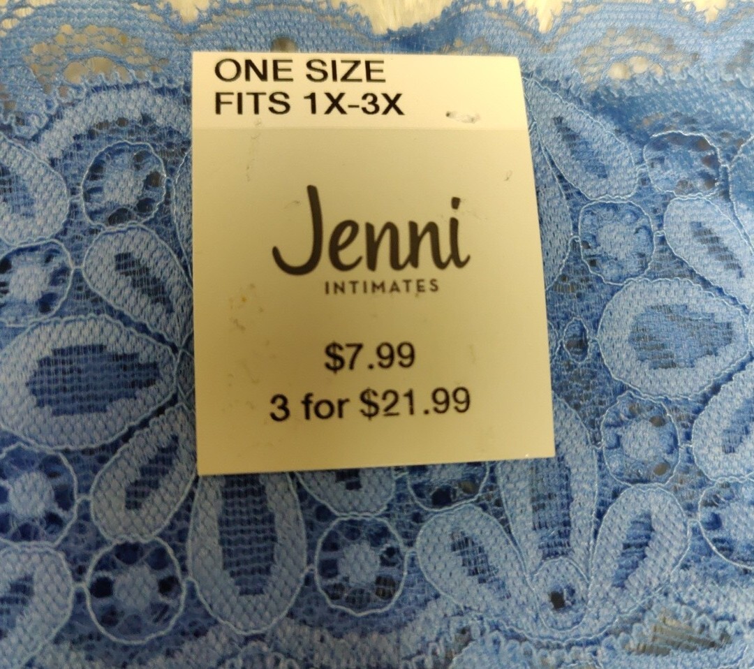 • NWT Jenni Womens Lace Thong Underwear Panty One Size Plus, Fits 1X 2X 3X Blue