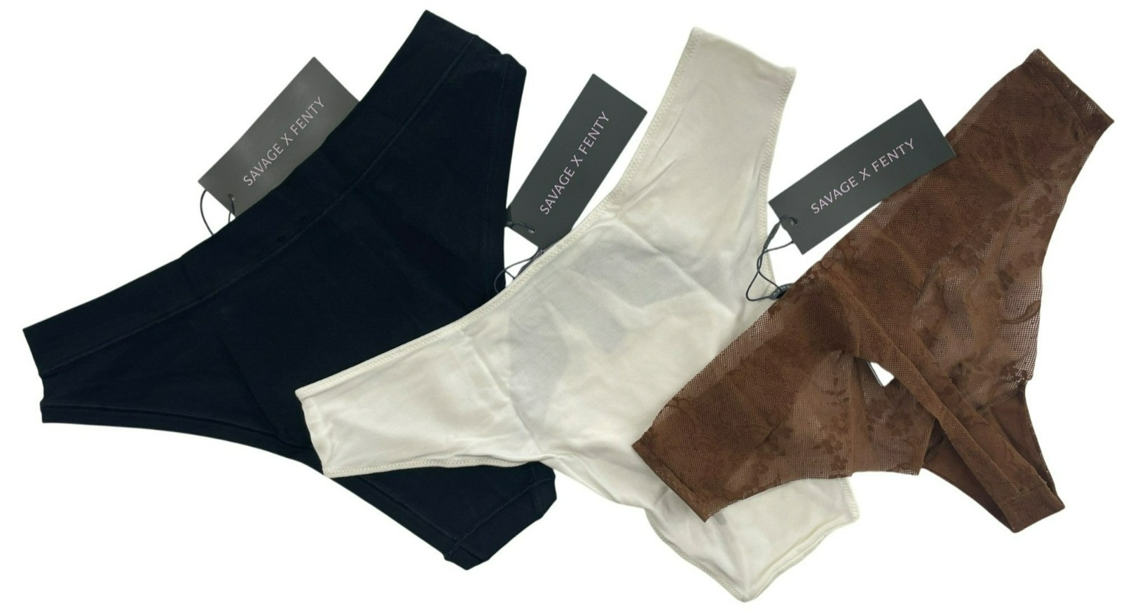 Savage X Fenty Panties 3-Pack Lace Underwear Black White Brown Size Medium NEW