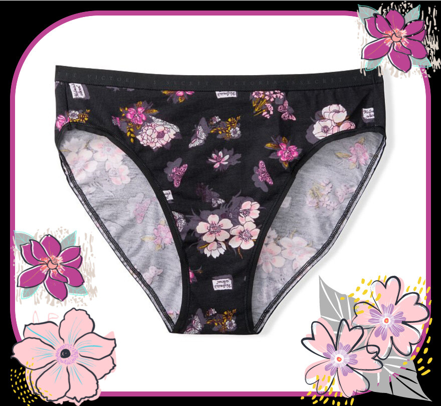 M NOIR Black Pink Floral Soft Cotton Victorias Secret High-Leg Waist Brief Panty
