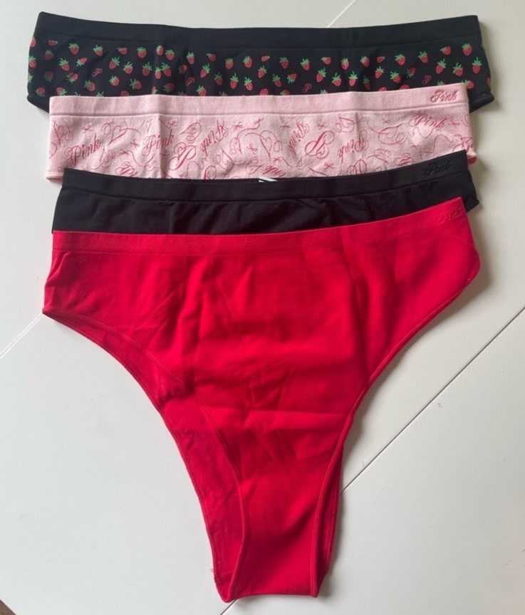 4 Medium PINK Victoria’s Secret Brazilian Panties Red, Black, Pink, Strawberry