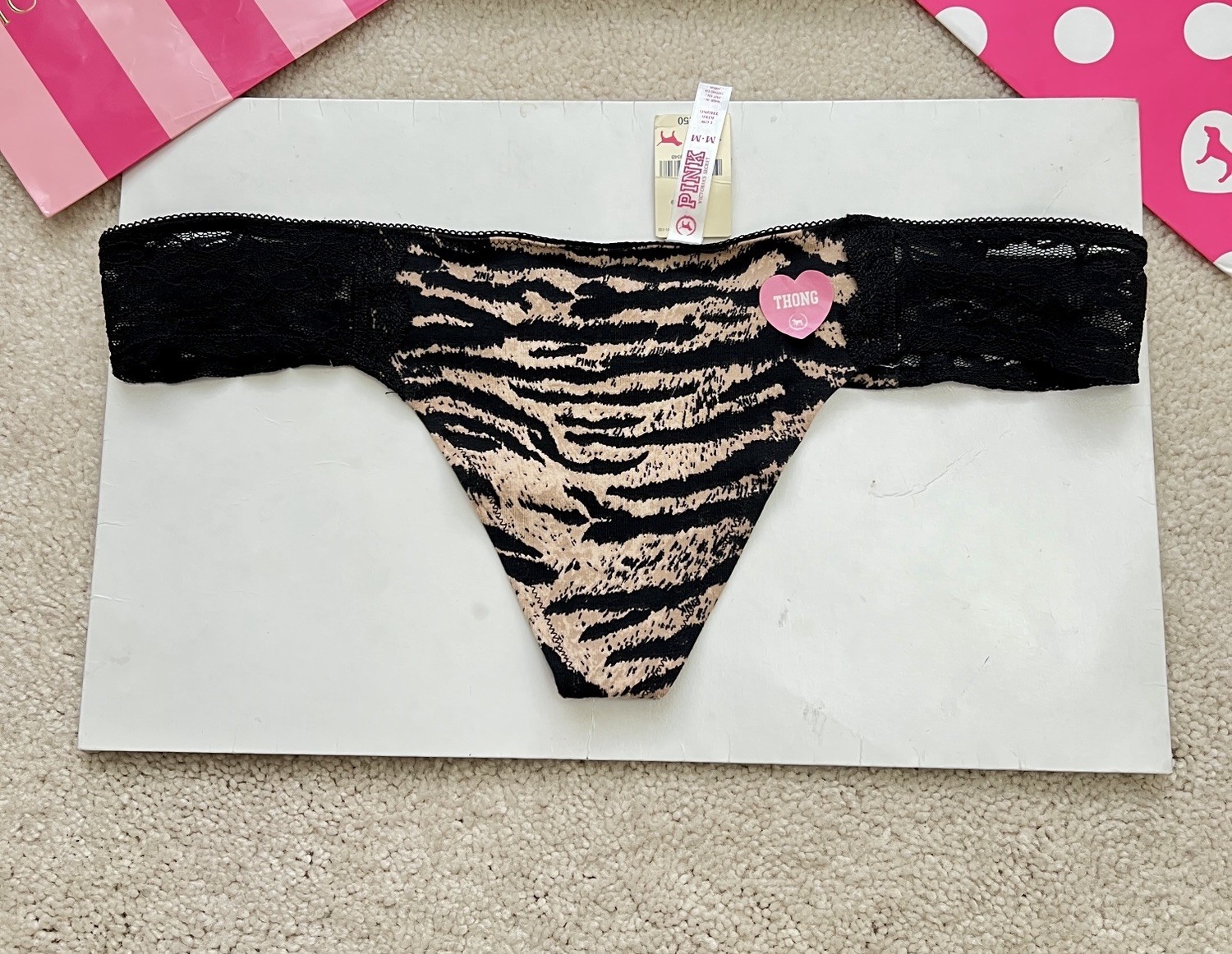 RARE PINK Victoria’s Secret Tiger Print Lace Trim Low Rise Thong Panties Medium