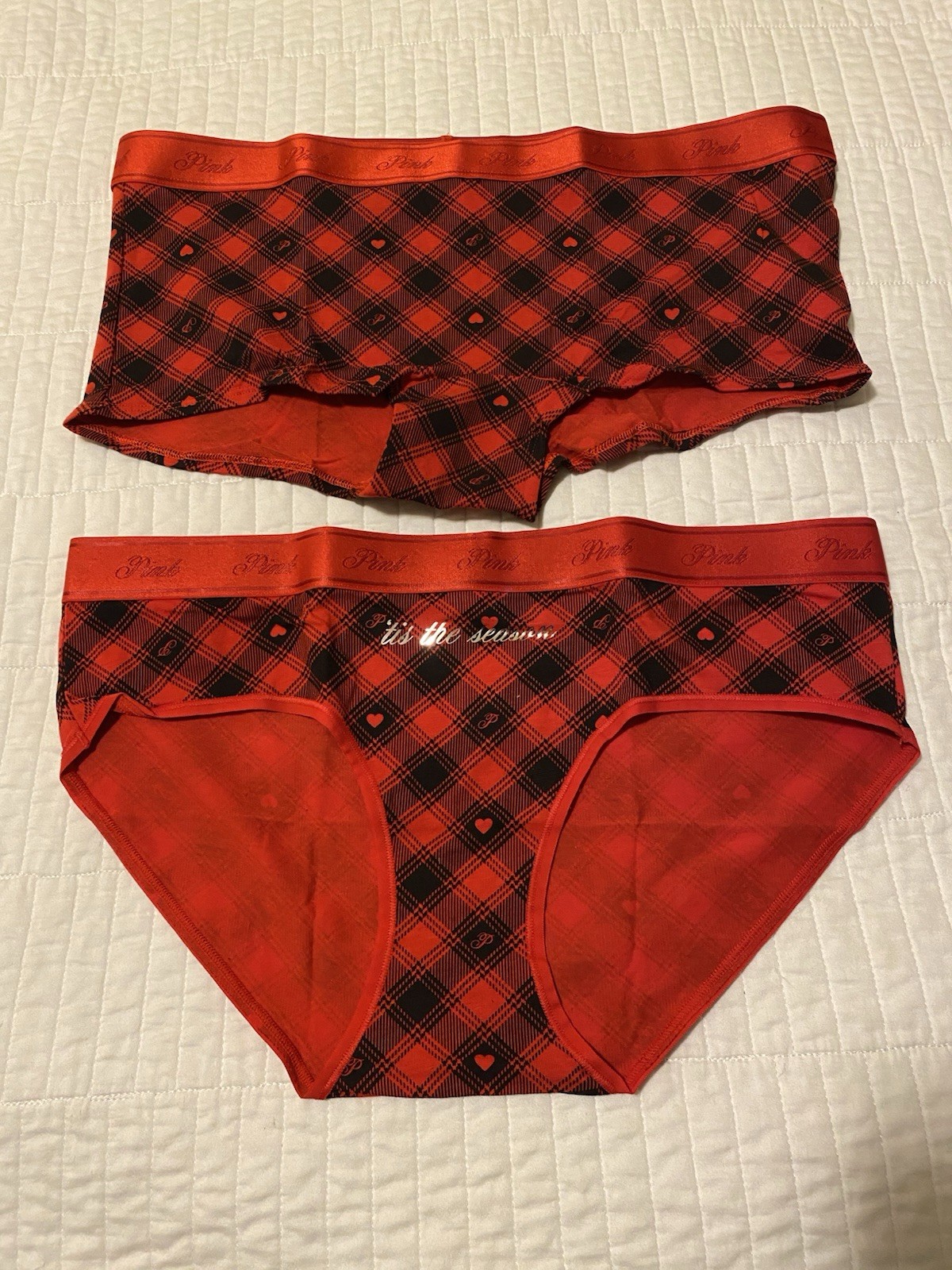 Victoria Secret PINK Boyshort & Hip Hugger Sz L Red Black Plaid “Tis the Season”